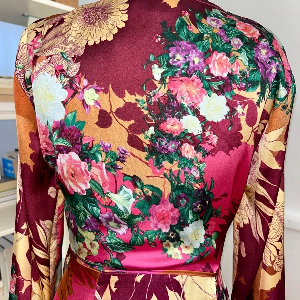 Lulus Floral Wrap Maxi Dress – Multicolor Silk Satin Feel (Size S) - Picture 9 of 9